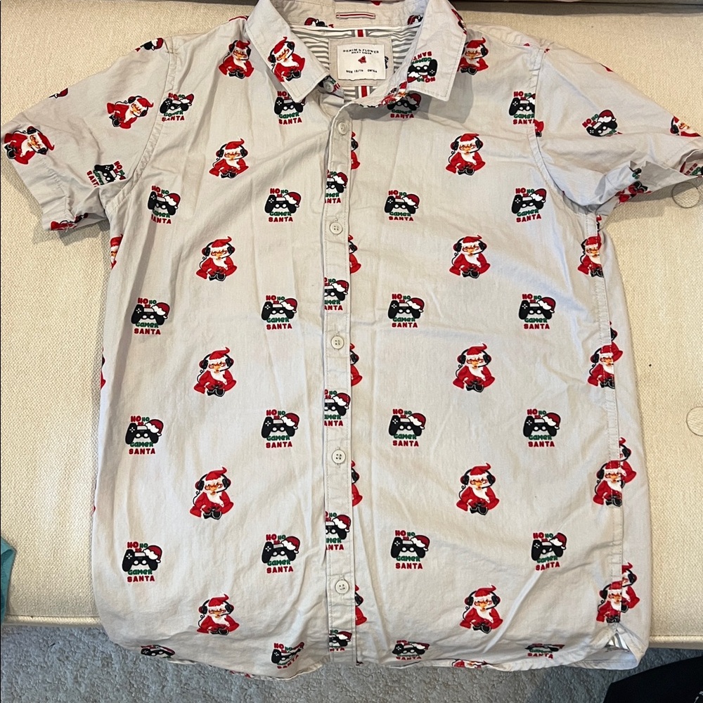 Denim & Flower Gray Santa Gamer Buttondown Holiday Shirt
